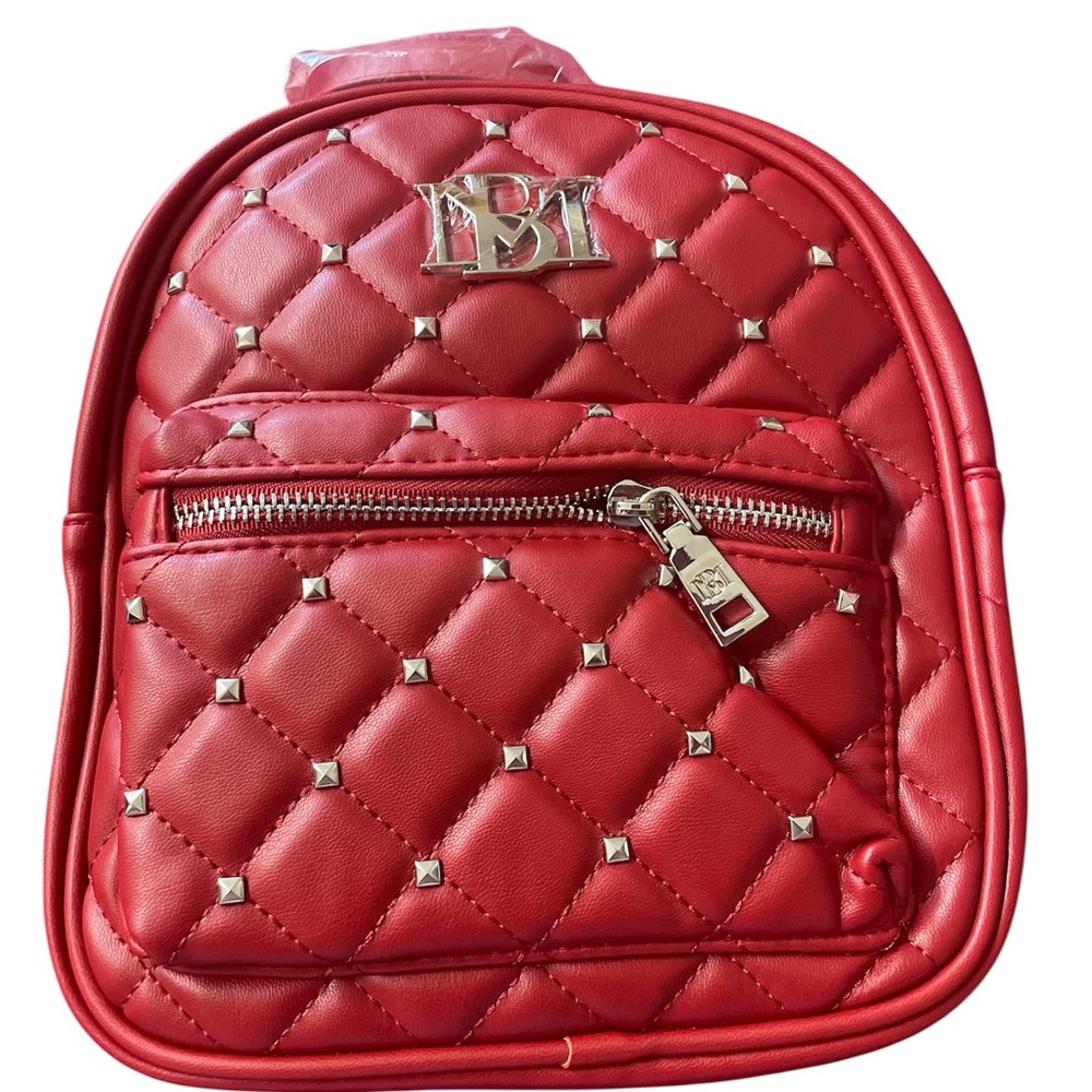 Badgely Mischka Red Mini Quilted Backpack with Silver Accents